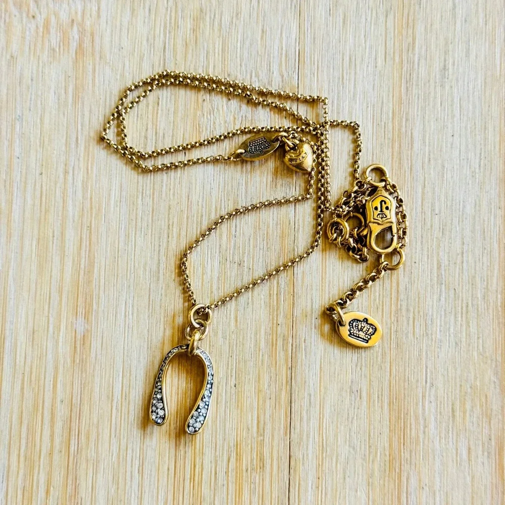 Juicy Couture WishBone Necklace Crystal Pave Designer Gold Designer Y2K 18